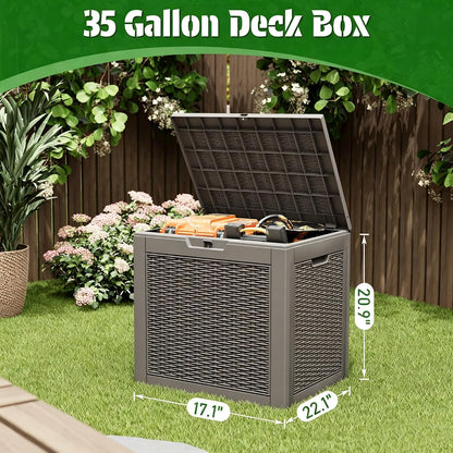 Bifanuo Outdoor Storage Box, 35 Gallon Deck Boxes Waterproof, Resin Storage Cabinet Multi Functional Storage Bench For Gardening Tools, Pool Supplies, Patio Furniture, Lockable