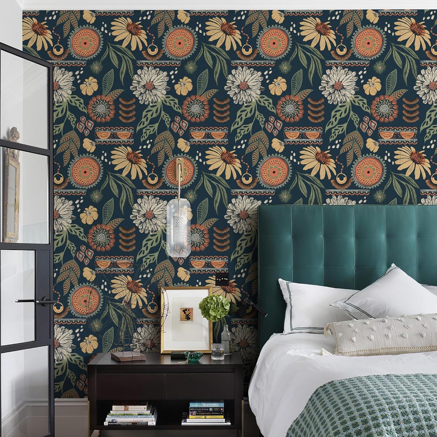 Simon&Siff Boho Peel and Stick Wallpaper, 17.3" x 80" Sun Floral Retro Contact Paper Removable Self Adhesive Wall Paper for Cabinets Furniture Bedroom Nursery Bathroom Renter Friendly DIY Decor