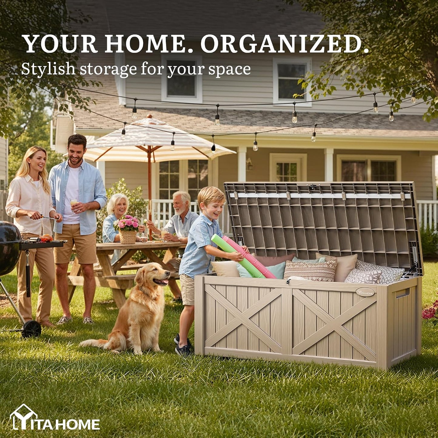 YITAHOME 31 Gallon Outdoor Storage Box | Resin Deck Box and Waterproof Package Delivery Box for Gardening Tools, Pool Supplies, Patio Furniture, Lockable, Taupe