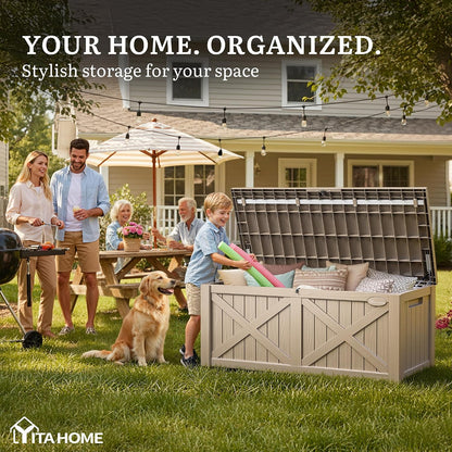 YITAHOME 31 Gallon Outdoor Storage Box | Resin Deck Box and Waterproof Package Delivery Box for Gardening Tools, Pool Supplies, Patio Furniture, Lockable, Taupe