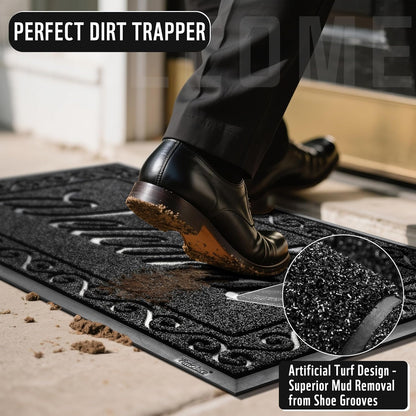 Yimobra Welcome Mat, Heavy Duty Sturdy Door Mats for Home Entrance Outdoor Indoor, Front Doormat for Outside Patio Floor Entry Porch Garage Office, Waterproof, Low Profile, 29.5x17, Black Grey
