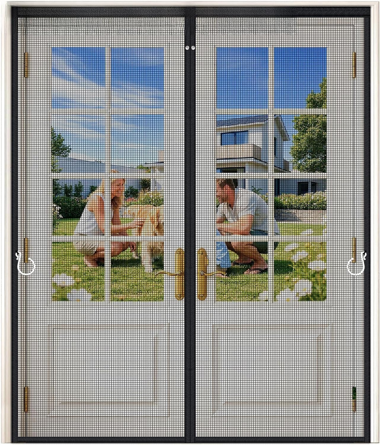 HOFUDON Upgraded Magnetic Screen Door Mesh, Full Strip Magnets, Heavy Duty Fiberglass Mesh, Door Screen Magnetic Closure for Single Door Size 32 x 80 Inch, Screen Door Size 35 x 82 Inch Black