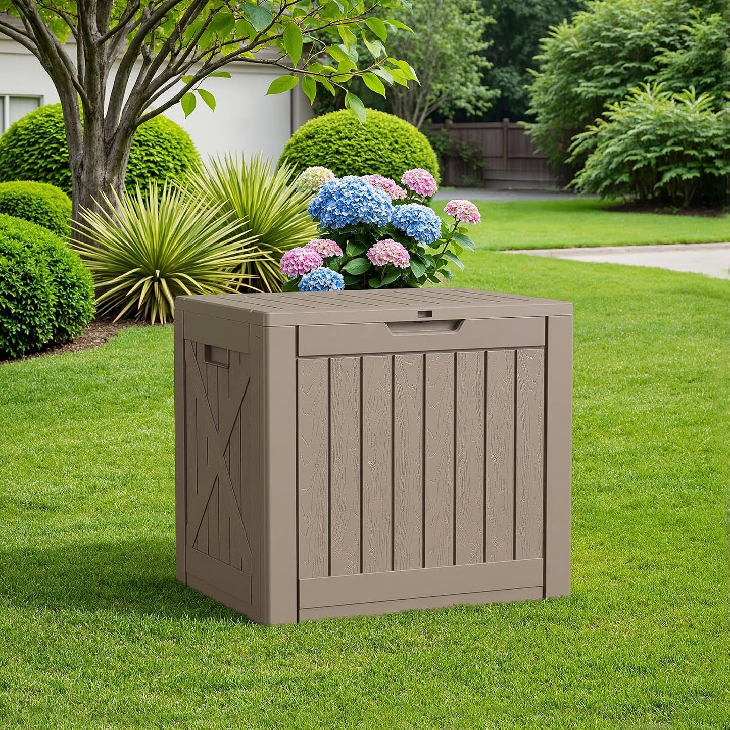 Flamaker Resin Deck Box 120 Gallon Waterproof Large Outdoor Indoor Storage Box Imitation Wood Resin for Patio Furniture Garden Tools and Pool (Black)