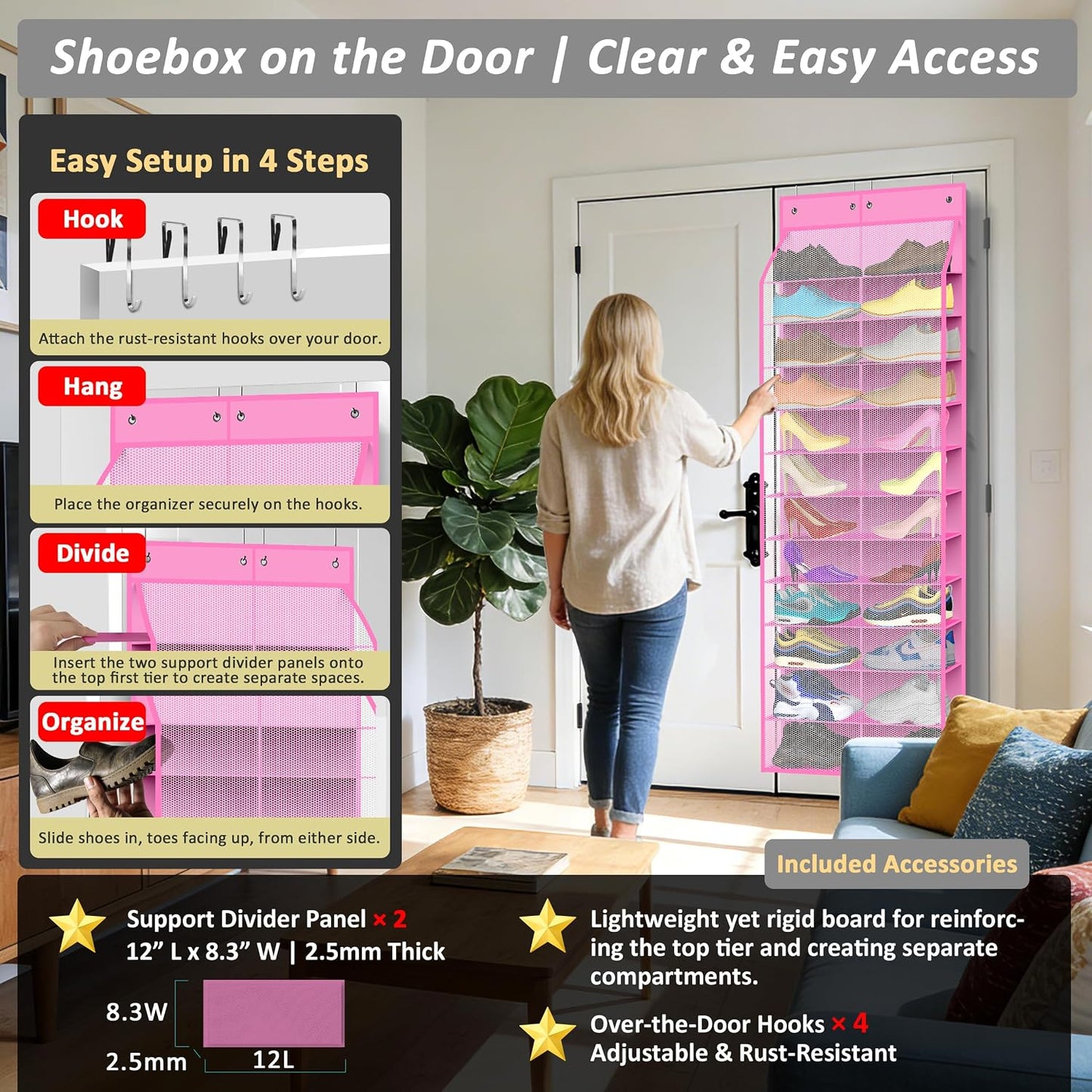 Kotkn 24-Pair Over Door Shoe Organizer for Family & Kids, Double Sided | Hanging Storage for Sneakers, Boots, Toys & Room Organization-Graphite Gray