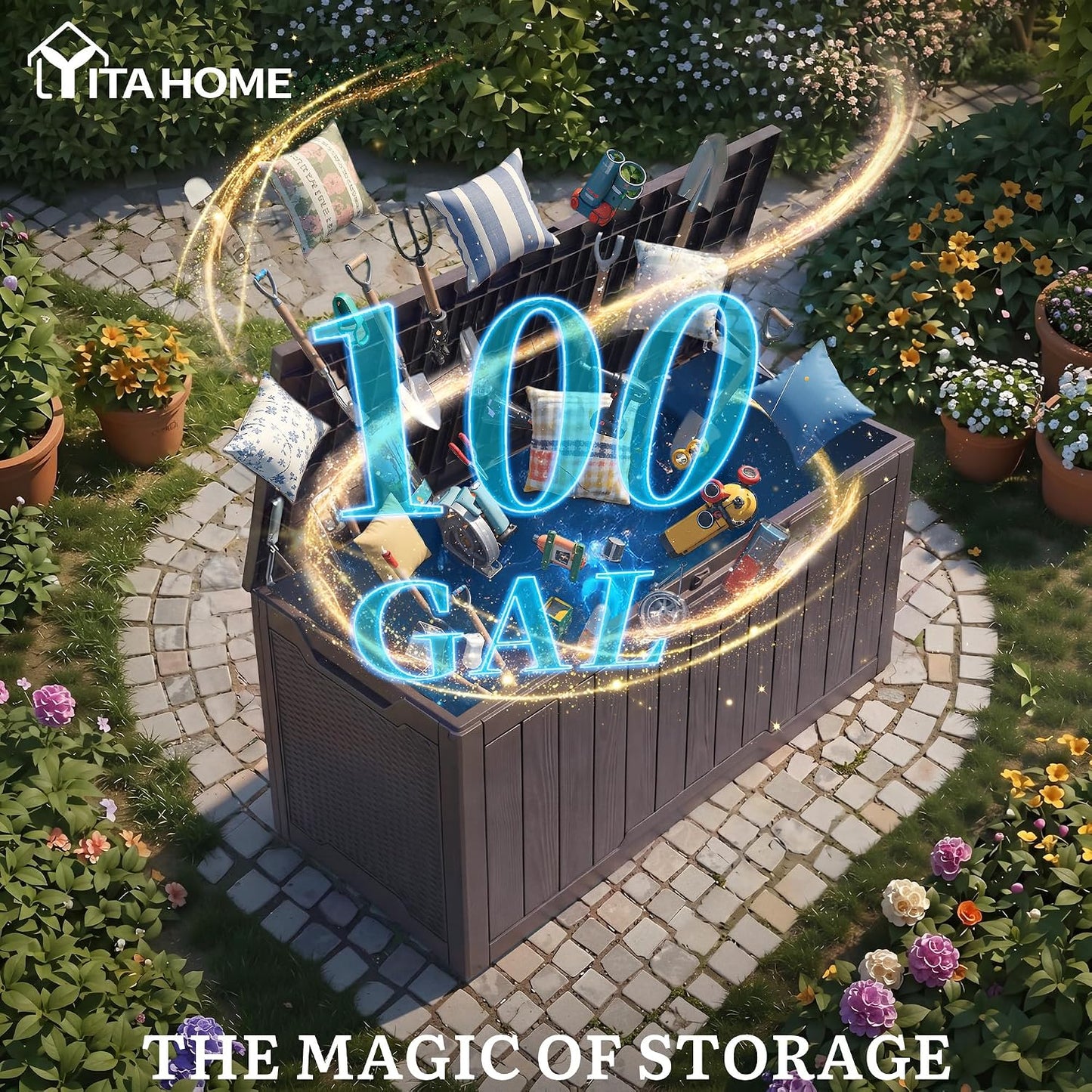 YITAHOME 100 Gallon Large Outdoor Deck Box | Waterproof Resin Storage Box, Lockable Indoor Outdoor Storage Container for Patio Furniture Cushions, Pool Accessories