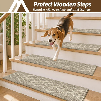 COSY HOMEER Soft Stair Treads Non-Slip Carpet Mat 28inX9in Indoor Stair Runners for Wooden Steps,Stair Rugs for Kids and Dogs, 100% Polyester TPE Backing 7pcs,Black,Rhombus