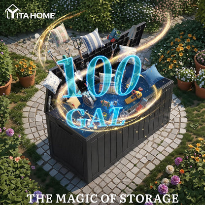YITAHOME 100 Gallon Large Outdoor Deck Box | Waterproof Resin Storage Box, Lockable Indoor Outdoor Storage Container for Patio Furniture Cushions, Pool Accessories
