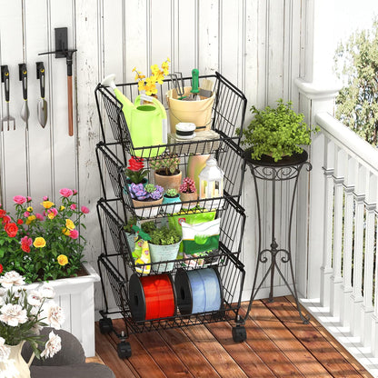 PUSDON 6-Tier Tall Stackable Wire Storage Baskets with Wheels, Vertical Metal Rolling Utility Cart, High Capacity Produce Basket for Kitchen Pantry, Snack Organizer, Matte Black