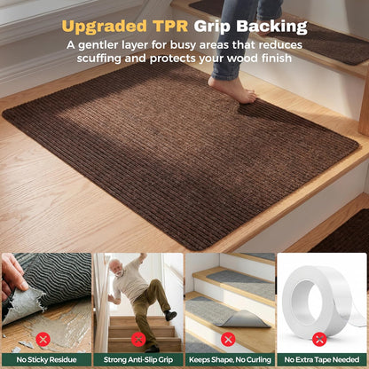 MBIGM 8" X 30" (15 in Pack) Nonslip Carpet Stair Treads Non-Skid Safety Rug Slip Resistant Indoor Runner for Kids Elders & Pets with Reusable Adhesive - Brown - Non Slip Stair Treads Indoor