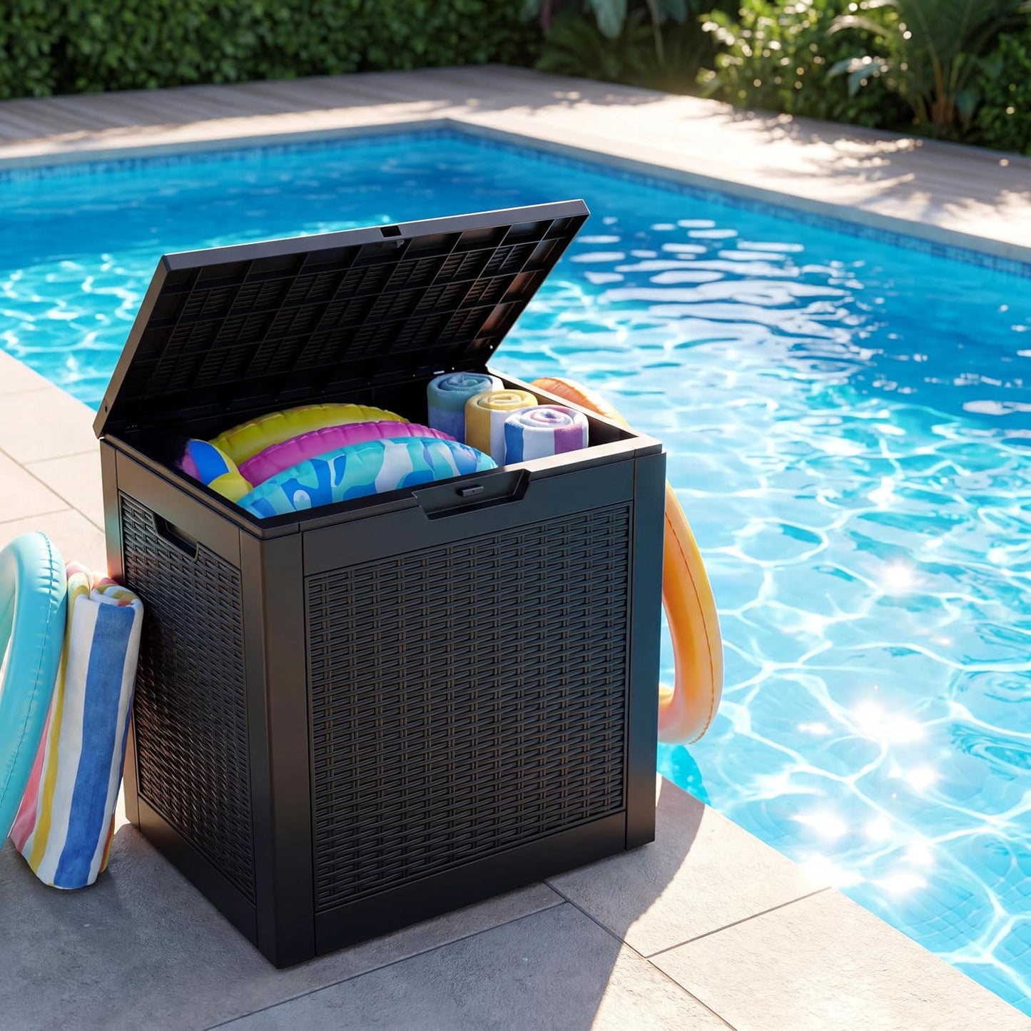 NicBex 30 Gallon Deck Box, Waterproof Resin Outdoor Storage Box Lockable for Patio Furniture, Fade Resistant Patio Side Table & Organizer for Garden Tools, Pool Floats, Outdoor Cushions, Black