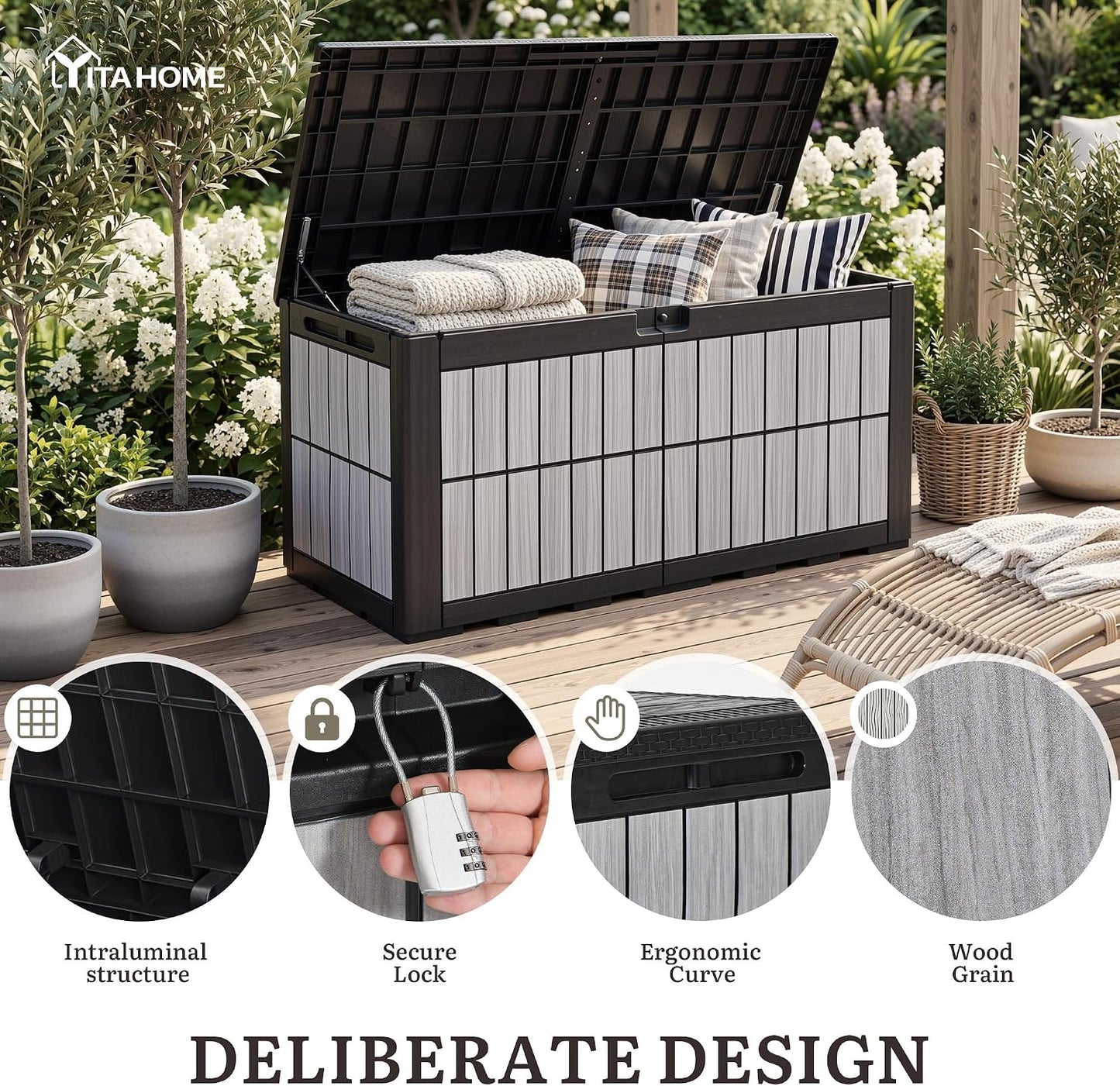 YITAHOME 134 Gallon Large Deck Box | Waterproof Resin Outdoor Storage Box with Lock, Doubles as 2-Person Bench Seating for Patio Furniture Cushions,Garden Tools &