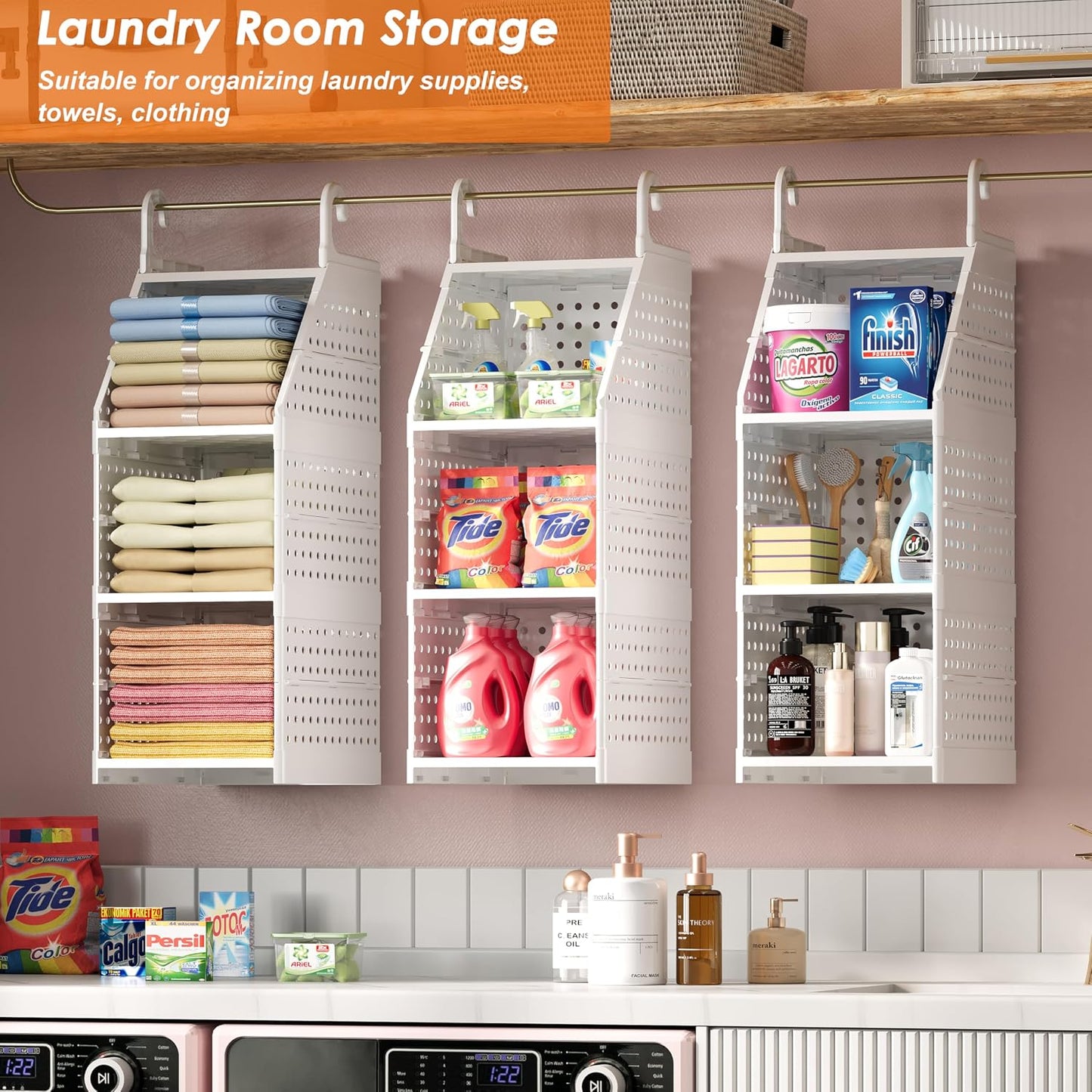 Honkazita 3-Tier Foldable Hanging Closet Organizer, Free-Standing | Closet Hanging Organizer for Wardrobe, Laundry Room, Plastic Hanging Closet Shelves for Clothes, Handbags, Accessories (White)