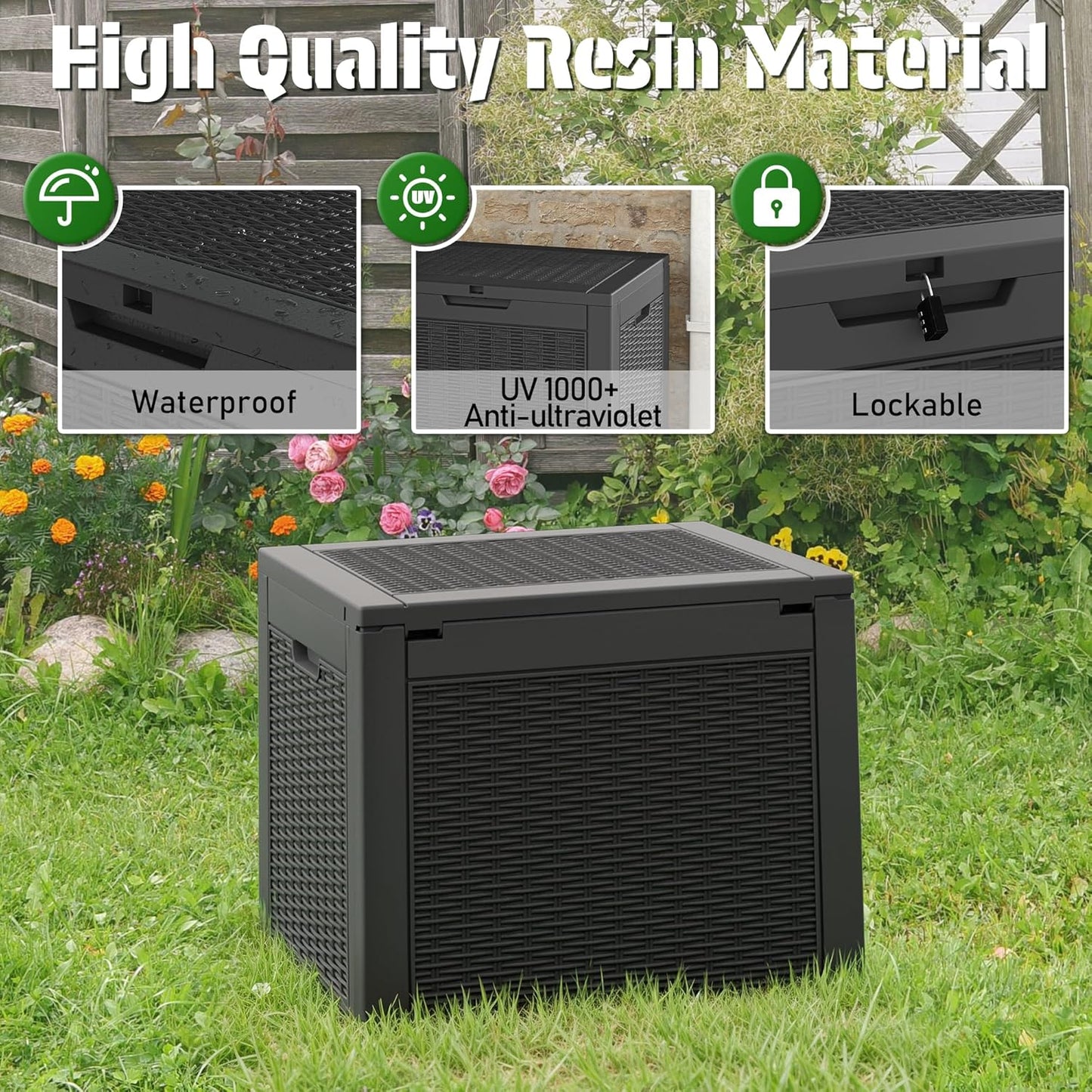 Bifanuo Outdoor Storage Box, 35 Gallon Deck Boxes Waterproof, Resin Storage Cabinet Multi Functional Storage Bench For Gardening Tools, Pool Supplies, Patio Furniture, Lockable