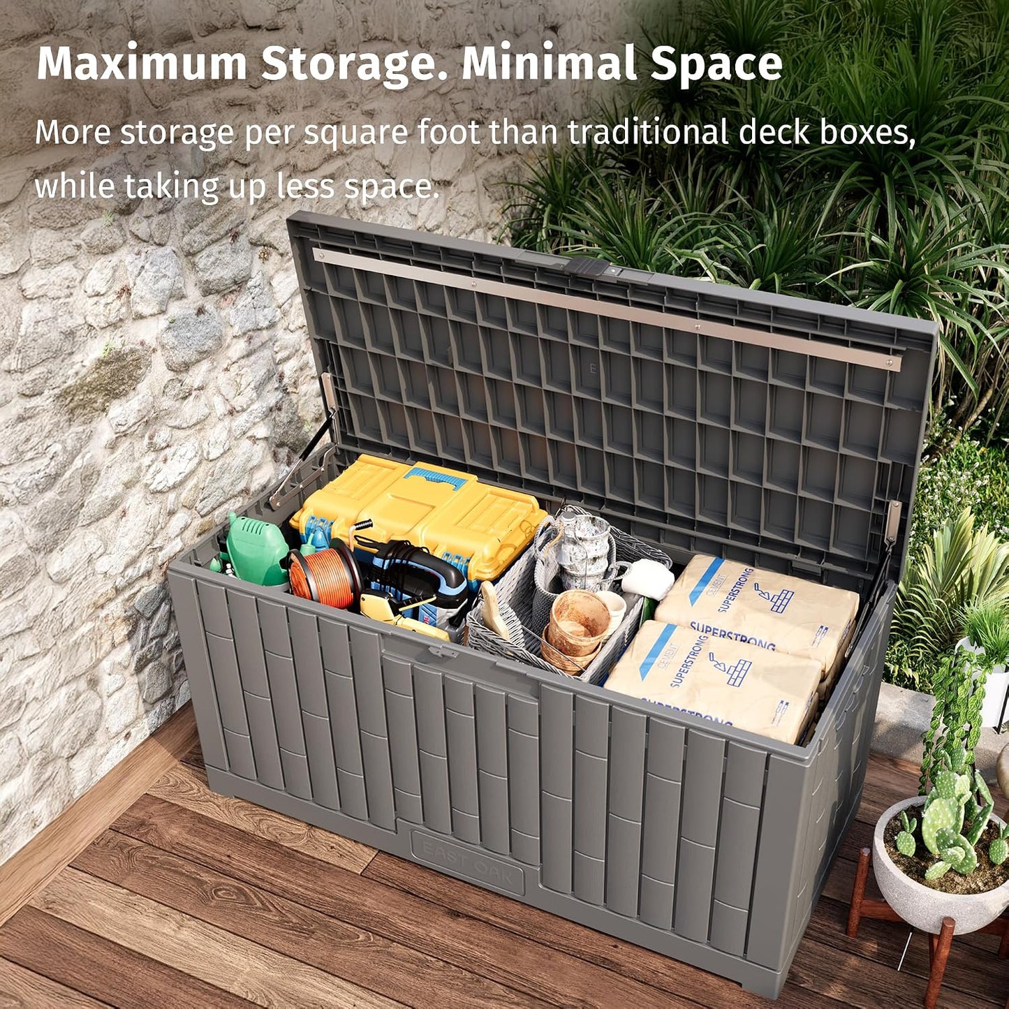 EAST OAK Outdoor Storage Box, 31 Gallon Deck Box Indoor and Outdoor Use, Waterproof Resin Storage Bin for Package Delivery, Patio Cushions, Gardening Tools, Lockable, UV Resistant, Grey