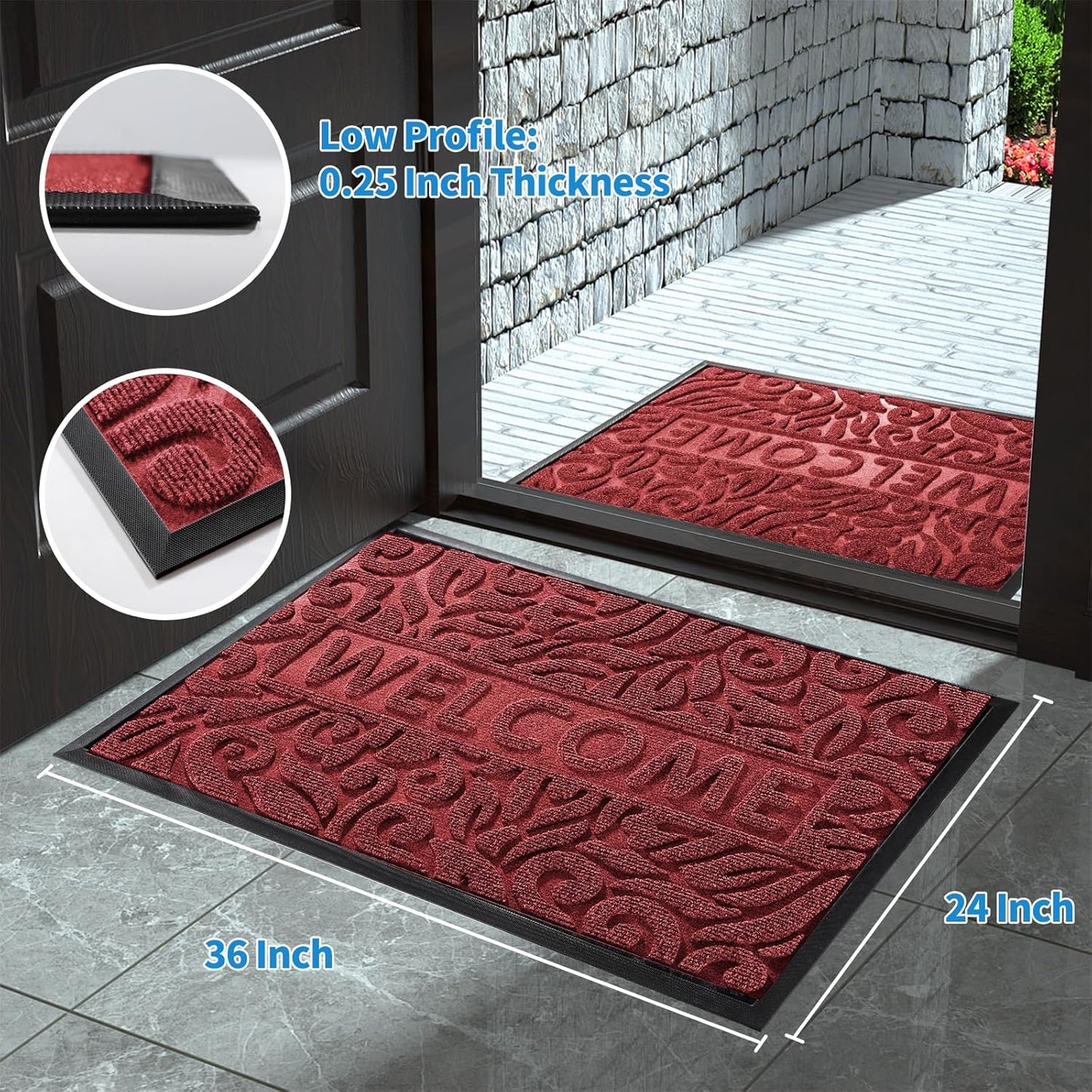 Yimobra Welcome Mat Outdoor 29.5x17, Waterproof Non-Slip Outdoor Mats for Front Door Outside Entrance, Low-Profile Entryway Mat Indoor for Garage Patio, Black