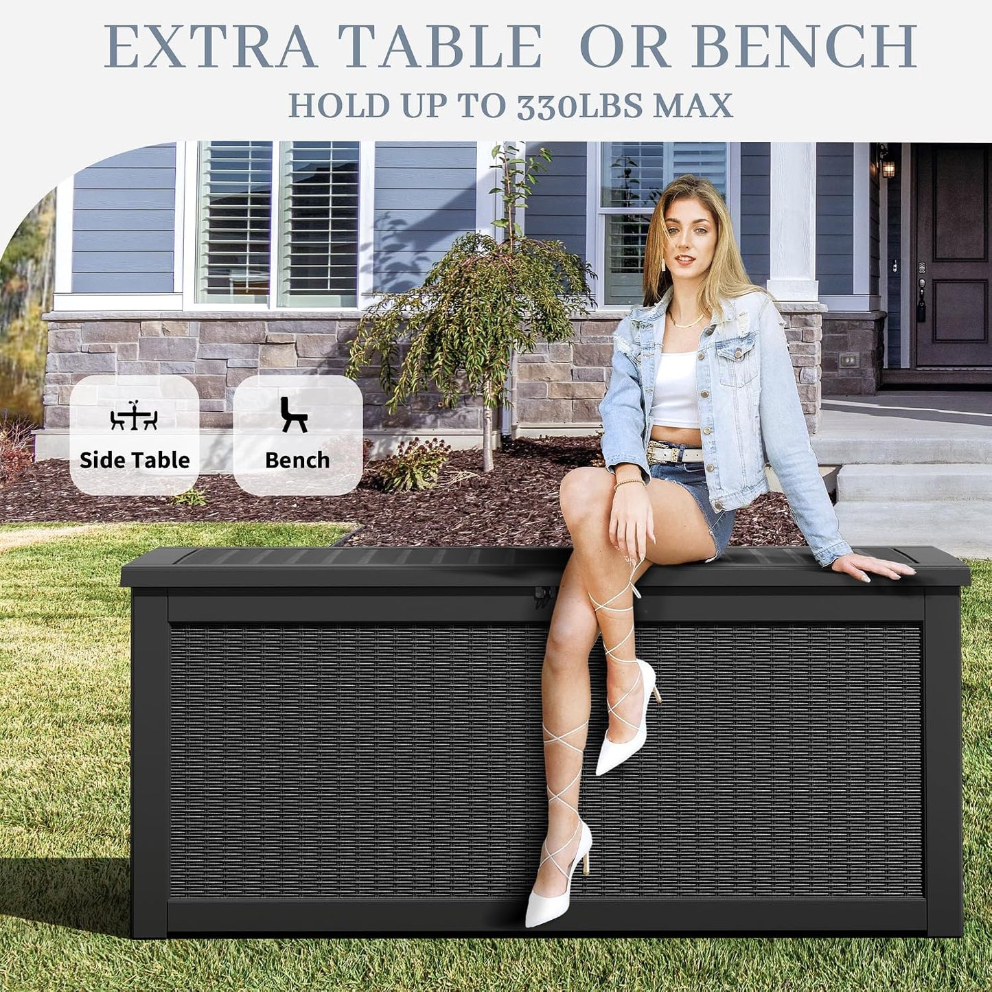 NUNU LAB Outdoor Storage Box, 45 Gallon Outside Deck Box Waterproof, Resin Outdoor Storage Cabinet With Lockable Lid, Backyard Storage Bench For Garden Tools, Patio Cushions, Pool Tools, Black
