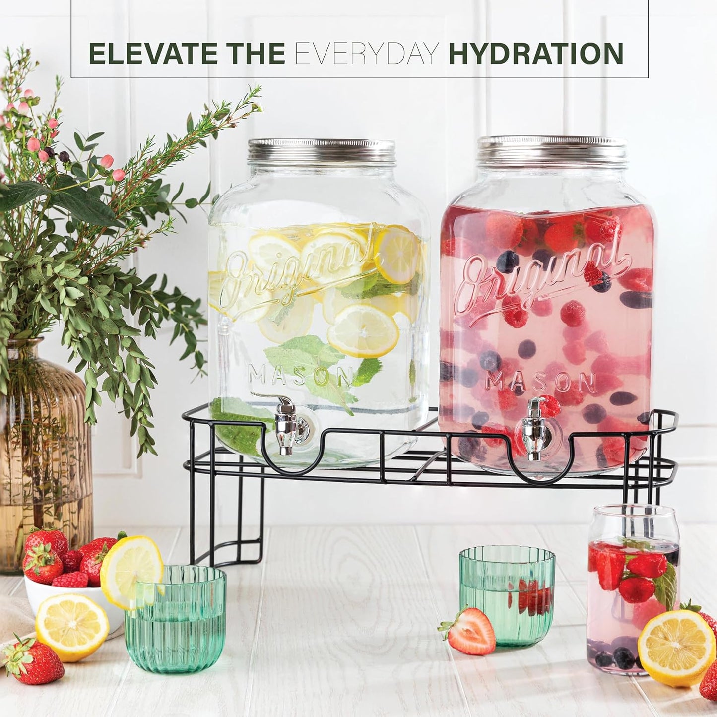 2 GALLON - 2 PACK Glass Drink Dispensers for Parties, Mason Jar Beverage Dispensers with Metal Stand, Glass Water Dispenser with Spigot, Laundry Detergent Dispenser
