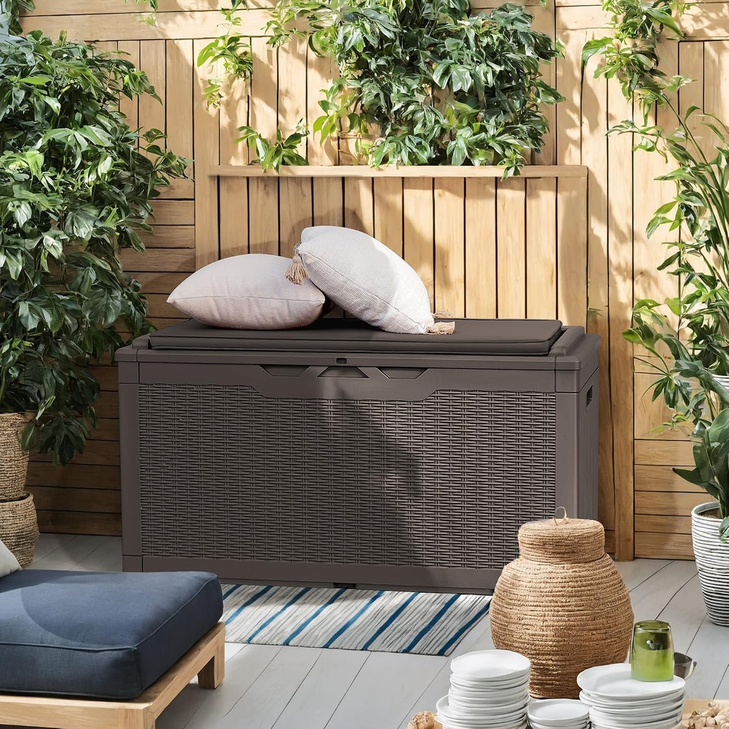 Flamaker Resin Deck Box 120 Gallon Waterproof Large Outdoor Indoor Storage Box Imitation Wood Resin for Patio Furniture Garden Tools and Pool (Black)