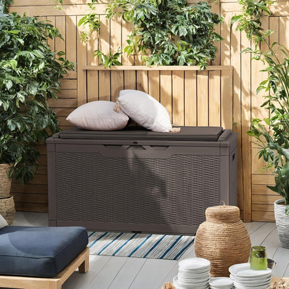 Flamaker Resin Deck Box 120 Gallon Waterproof Large Outdoor Indoor Storage Box Imitation Wood Resin for Patio Furniture Garden Tools and Pool (Black)