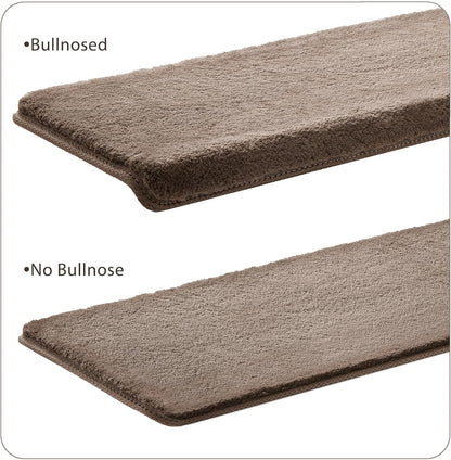 PURE ERA Carpet Stair Treads Ultra Plush 9.5" X 30"Soft Bullnose Indoor Stair Protectors Pet-Friendly Non-Slip Skid Resistant Tape Free Washable Reusable(2 Pieces,Brown)