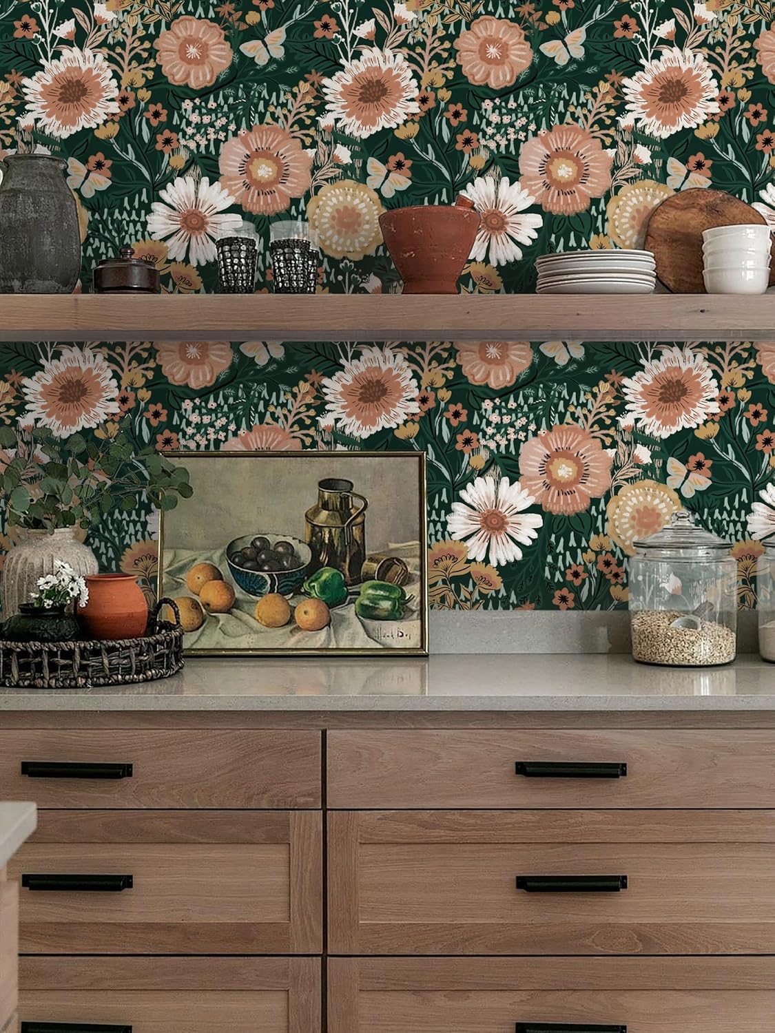 Dimoon 17.3''x78.7'' Peel and Stick Wallpaper Floral Cute Contact Paper Vintage Village Country Cottage Wallpaper Farmhouse Yellow Beige Renter Friendly Geometry Waterproof Embossed Kitchen Bedroom