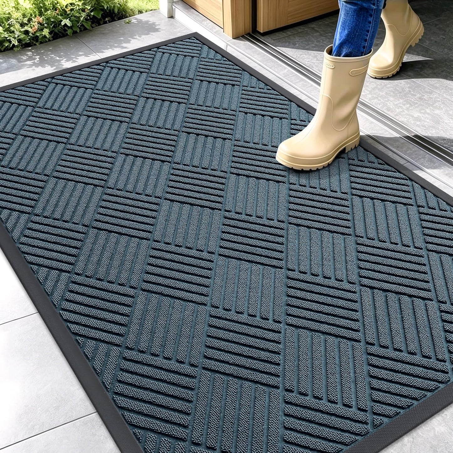 OLANLY Front Door Mat Outside Entrance 29.5x17, Absorbent, Heavy Duty Sturdy Natural Rubber Doormat Indoor Outdoor, Stain and Fade Resistant, Non-Slip Low Profile Floor Mat for Entryway, Grey Diamond