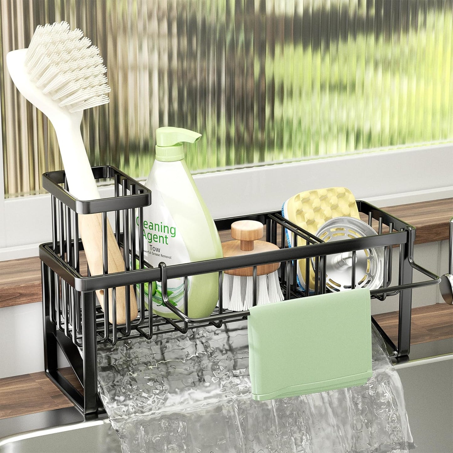 SWTYMIKI Sponge Holder for Kitchen Sink - Sink Caddy with Brush Holder and Stainless Steel Self Drain Tray, Sponge Caddy Organizer with Divider Kitchen Accessories Storage for Countertop, Black