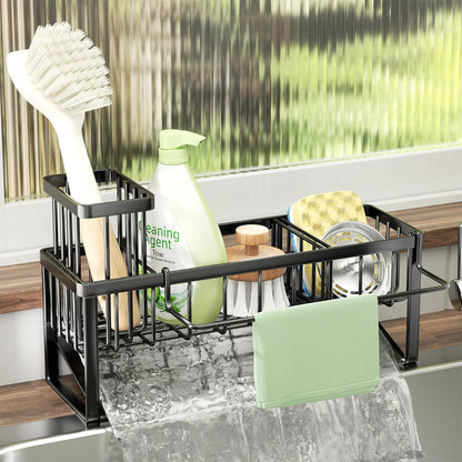 SWTYMIKI Sponge Holder for Kitchen Sink - Sink Caddy with Brush Holder and Stainless Steel Self Drain Tray, Sponge Caddy Organizer with Divider Kitchen Accessories Storage for Countertop, Black