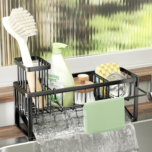 SWTYMIKI Sponge Holder for Kitchen Sink - Sink Caddy with Brush Holder and Stainless Steel Self Drain Tray, Sponge Caddy Organizer with Divider Kitchen Accessories Storage for Countertop, Black