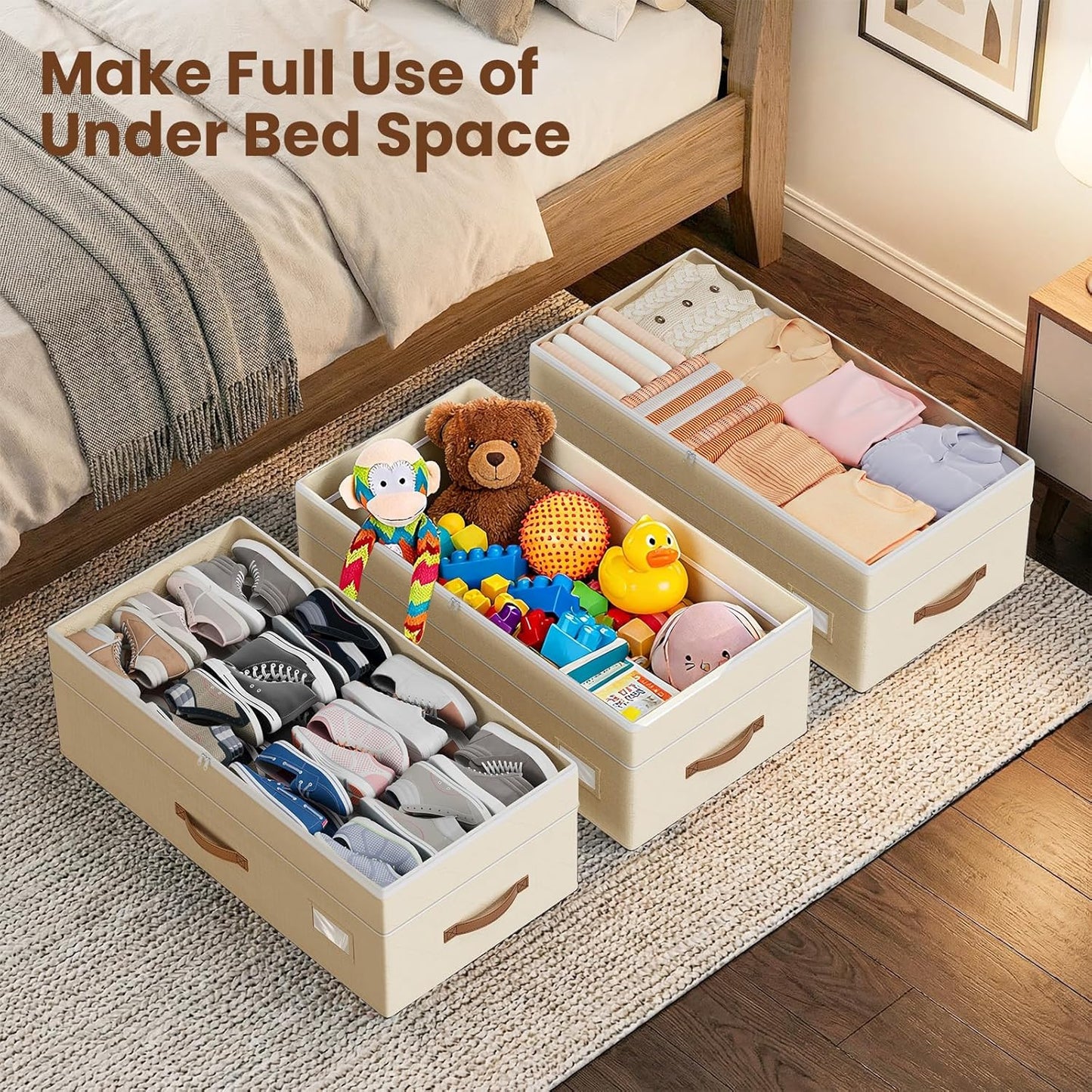 Budding Joy 80L 2 Pack Adjustable Under Bed Storage with Wheels | Underbed containers with clear lids, rolling under bed shoe storage organizer for dorm home clothes, blankets, toys, black