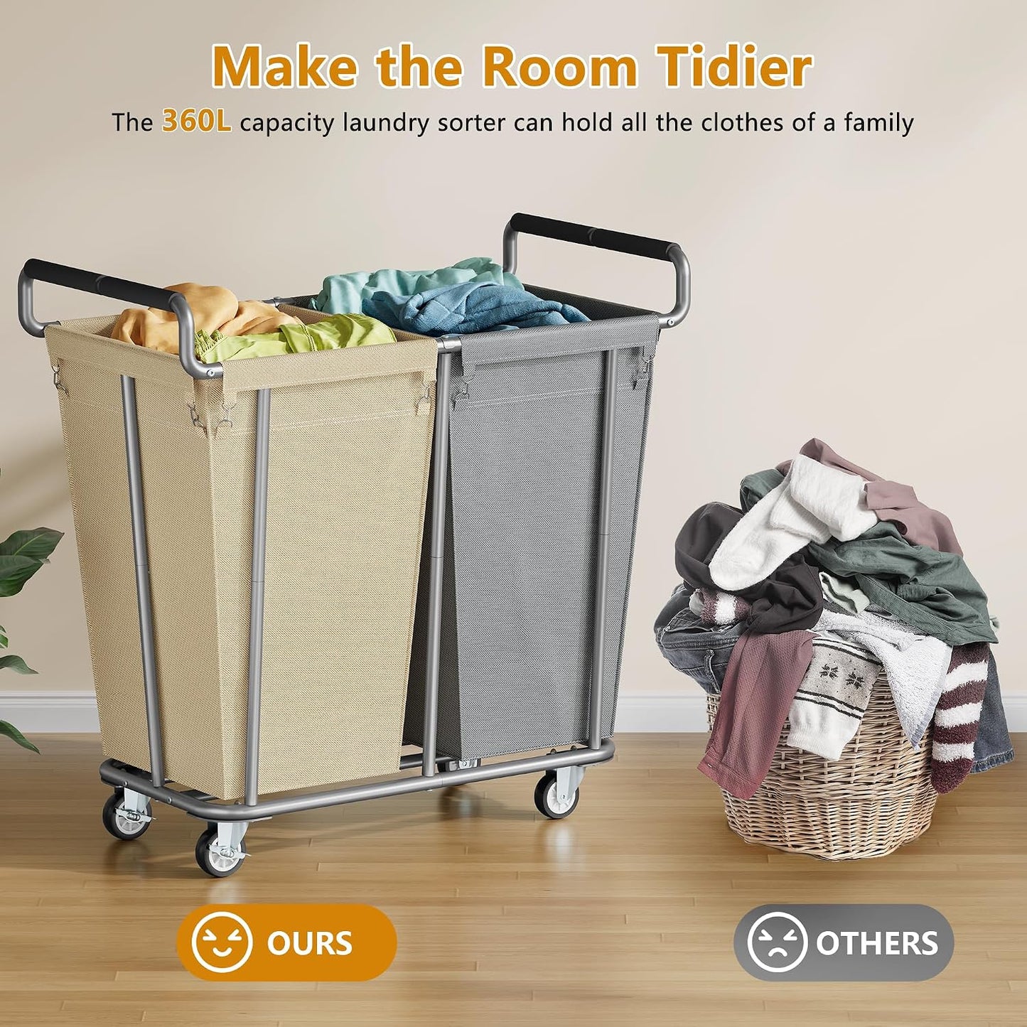 Gewudraw Large laundry hamper with Wheels, 3 Bag Big Rolling Laundry Hamper Sorter Cart, Extra Large Laundry Clothes Hamper, Heavy Duty Laundry Basket Organizer for Laundry Room,Bathroom,Black