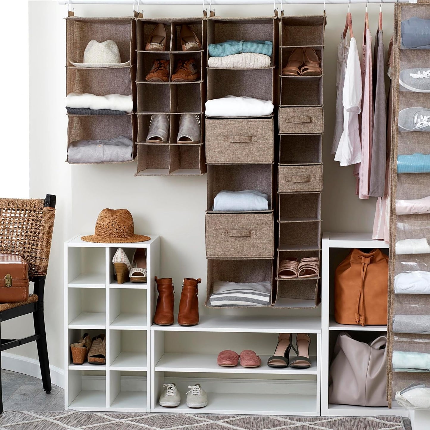 Household Essentials 311322 Hanging Shoe Storage Organizer for Closets |10 Pocket Shelves | Natural Canvas