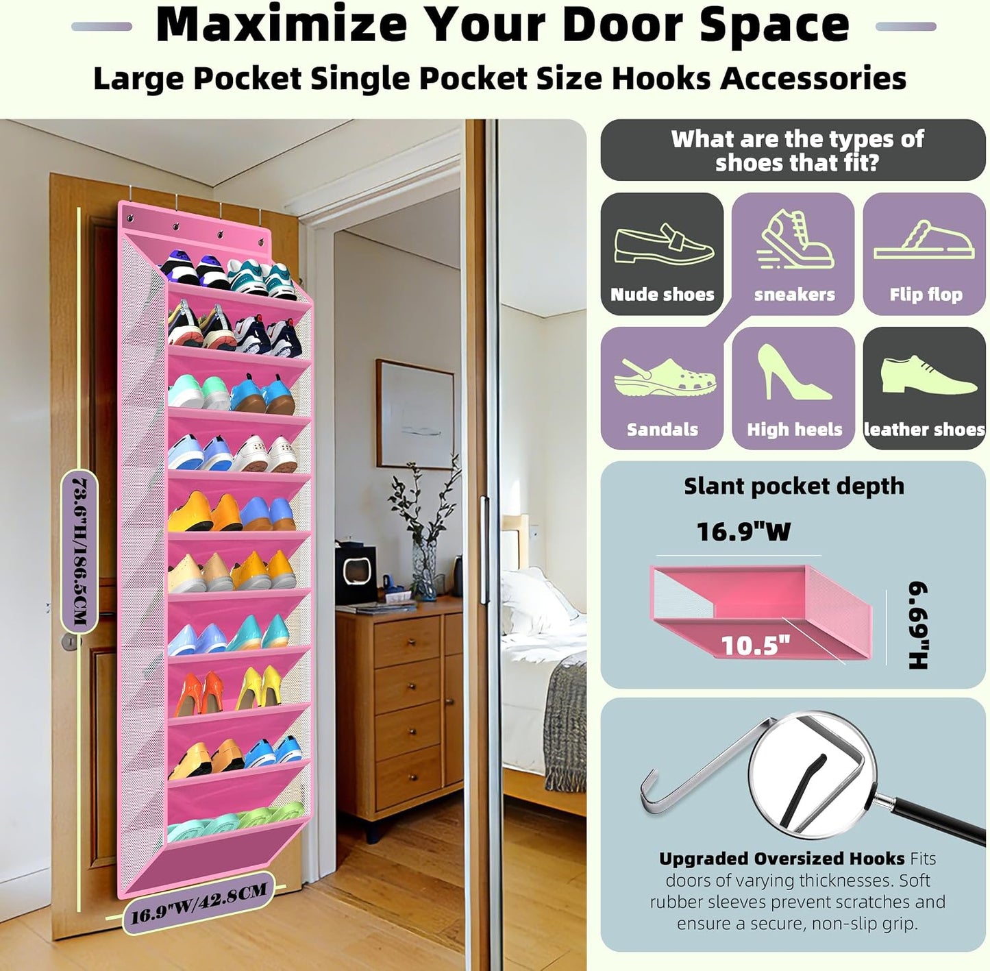 PAULONE 10-Pocket Multi-Use Over the Door Organizer, Heavy Duty 95lbs Capacity with Breathable Mesh, Versatile Hanging Storage for Shoes, Toys, Office Supplies-Classic (Black, 10-Shelf,)