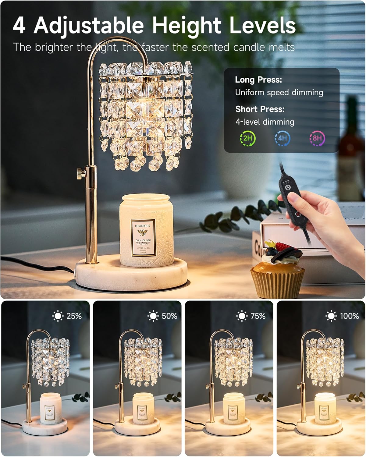 Candle Warmer Lamp with Timer Dimmer Adjustable Height Candle Warmer with Marble Base for Jar Candles, Crystal Candle Lamp with 3 Bulbs for New Home Decor, Women Mom Christmas Birthday Gifts, Silver
