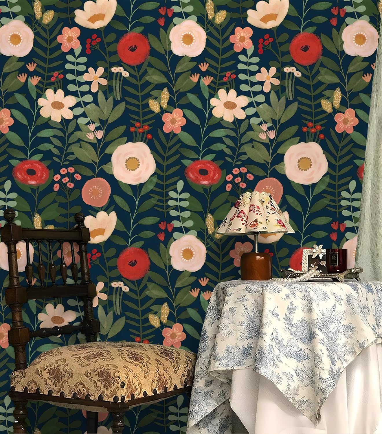 HAOKHOME Floral Peel and Stick Wallpaper Boho Vintage Wall Paper Removable for Bathroom Nursery Beige/Pink/Red Contact Paper 17.3in x 9.8ft