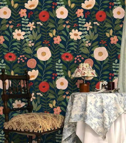 HAOKHOME Floral Peel and Stick Wallpaper Boho Vintage Wall Paper Removable for Bathroom Nursery Beige/Pink/Red Contact Paper 17.3in x 9.8ft