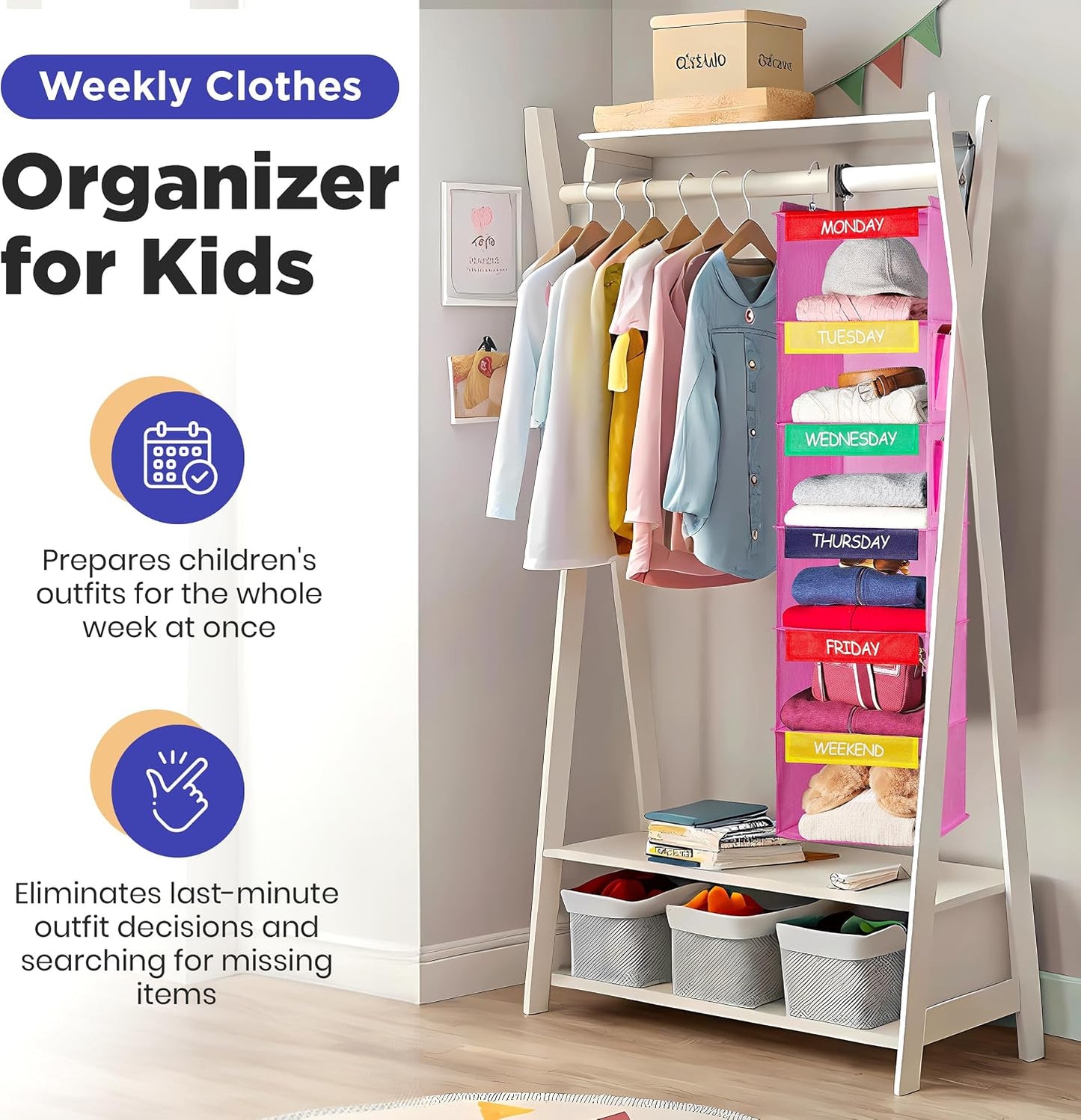 Handy Laundry Weekly Clothes Organizer for Kids, 6-Shelf Bamboo Reinforced | Days of the Week Hanging Closet Shelves, Monday Through Friday and Weekend, School Outfit Storage, Side Pockets, Pink