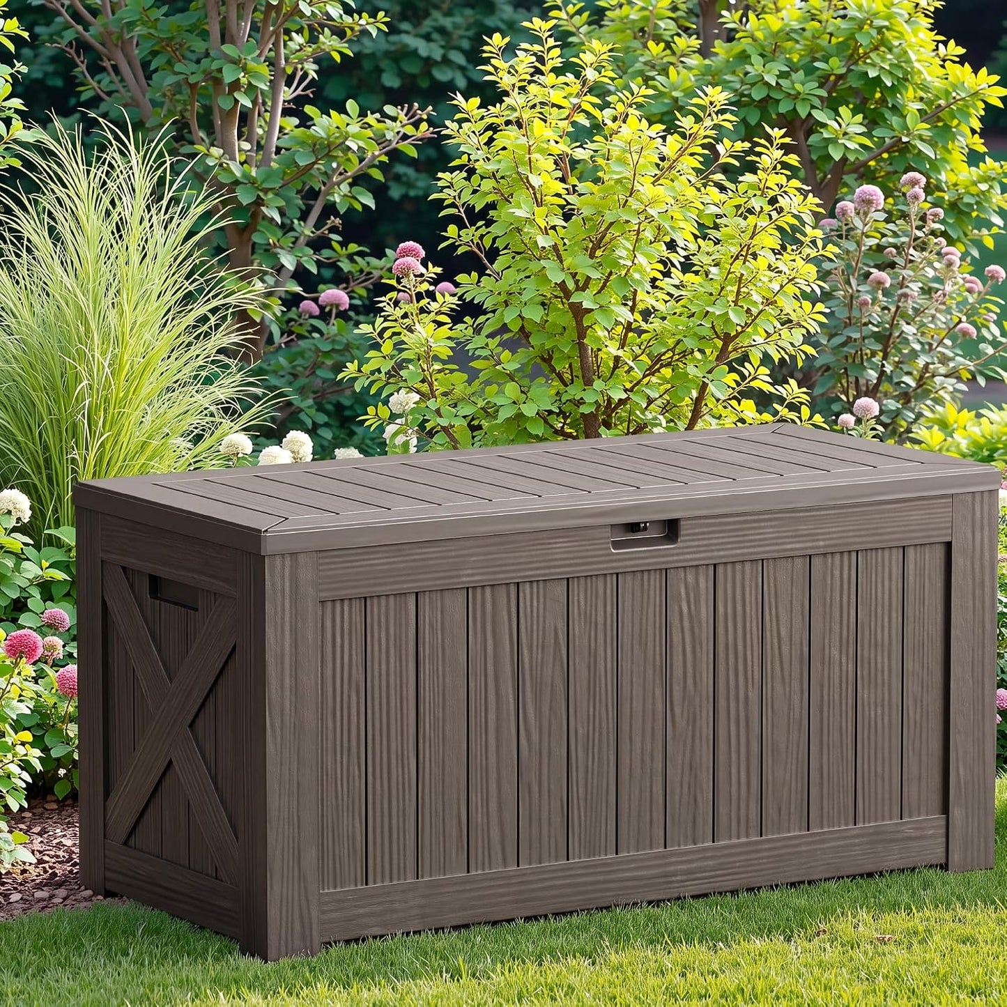 JUMMICO 31 Gallon Resin Deck Box Waterproof Indoor Outdoor Storage Boxes for Patio Furniture Cushions and Garden Tools (Brown)