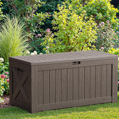 JUMMICO 31 Gallon Resin Deck Box Waterproof Indoor Outdoor Storage Boxes for Patio Furniture Cushions and Garden Tools (Brown)