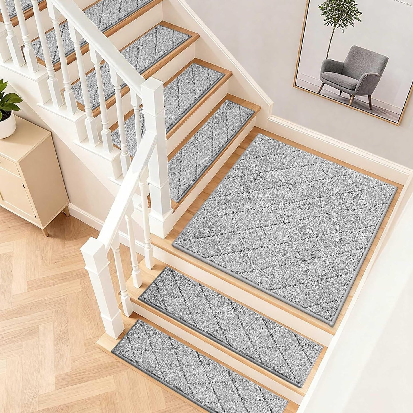 COSY HOMEER Edging Stair Treads Non-Slip Carpet Mat 28inX9in Indoor Stair Runners for Wooden Steps, Edging Stair Rugs for Kids and Dogs, 100% Polyester TPE Backing(4pc, Beige)