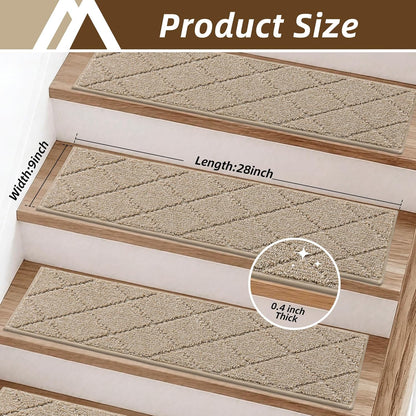 COSY HOMEER Edging Stair Treads Non-Slip Carpet Mat 28inX9in Indoor Stair Runners for Wooden Steps, Edging Stair Rugs for Kids and Dogs, 100% Polyester TPE Backing(4pc, Beige)