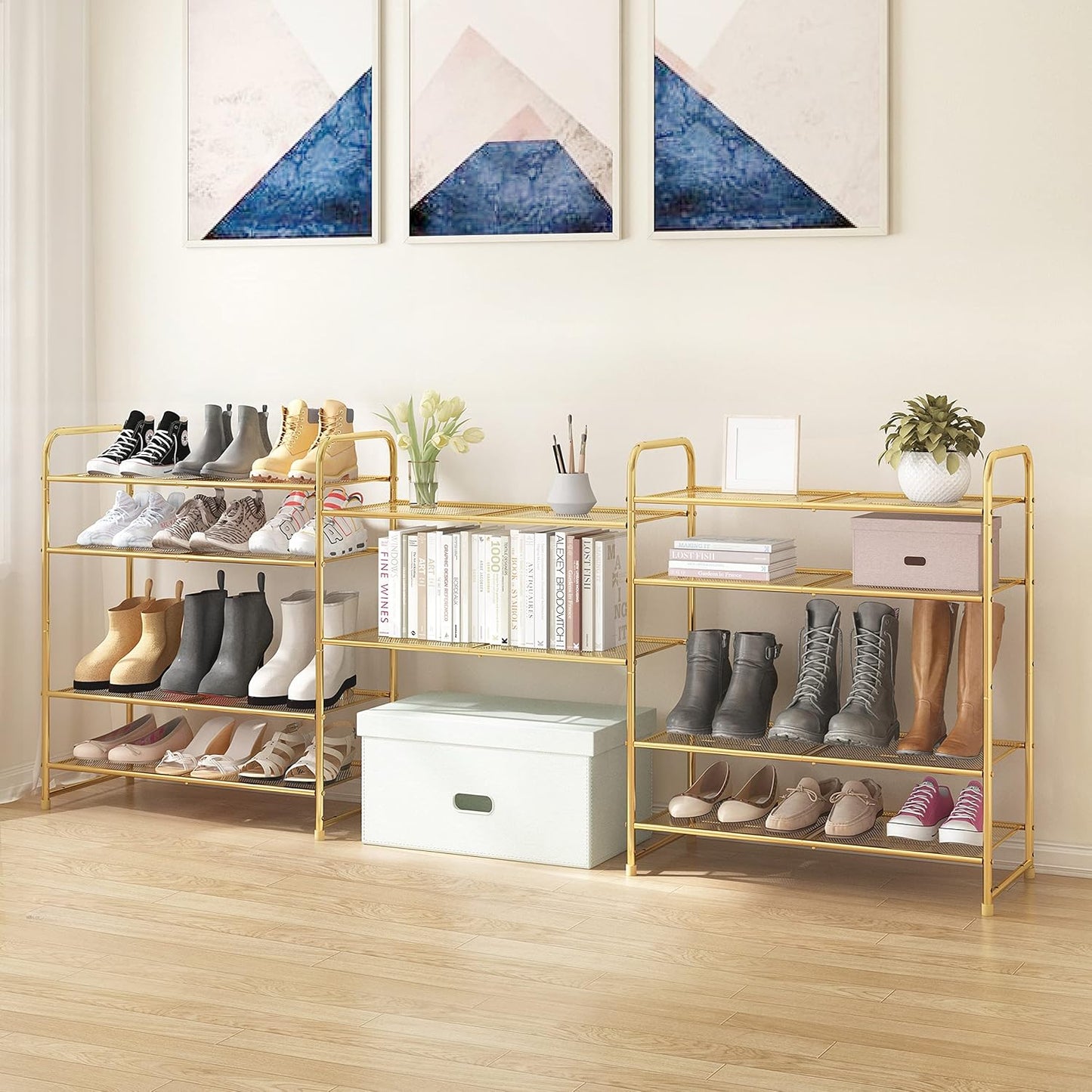 Simple Trending 3-Tier Stackable Shoe Rack, Expandable & Adjustable Shoe Shelf Storage Organizer, Wire Grid, Black