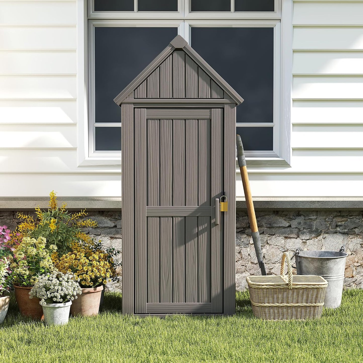Bifanuo Deck Box Storage Shed Outdoor Storage Cabinet, Vertical Waterproof Resin Material Plastic Shed with Removable Shelves, 12 Hooks and Lock Ring for Garden, Pool and Patio (Classic Black)