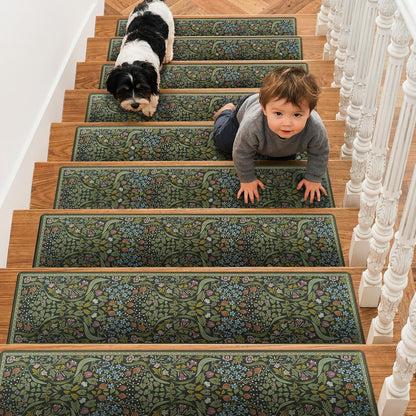 OJIA Floral Stair Treads Non-Slip Stair Runner for Wooden Steps Indoor 15PCS 30"x8" Carpet Stair Treads Stair Mats Staircase Step Treads for Kids, Elders and Dogs, Stair Covers, Black