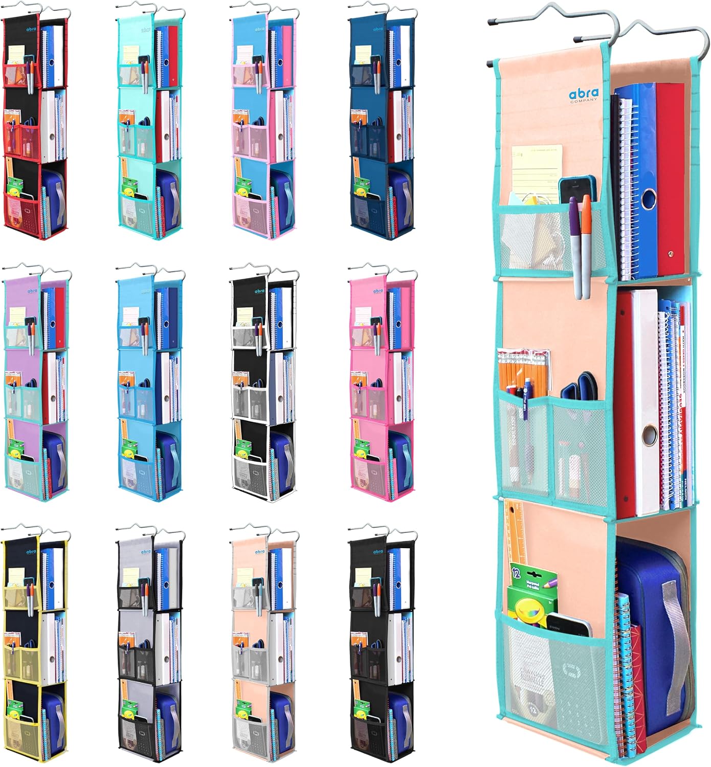 ABRA® 3 Shelf Hanging Locker Organizer for School, Gym, Work, Storage | Deep Shelves 6”x 9”| Eco-Friendly Fabric Healthy for Children | Adjustable School Locker Shelf 3 to 2 Shelves (Pink)