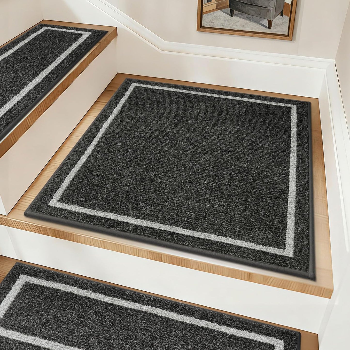 COSY HOMEER Soft Stair Treads Non-Slip Carpet Mat 28inX9in Indoor Stair Runners for Wooden Steps, Stair Rugs for Kids and Dogs, 100% Polyester TPE Backing 4pcs, Grey