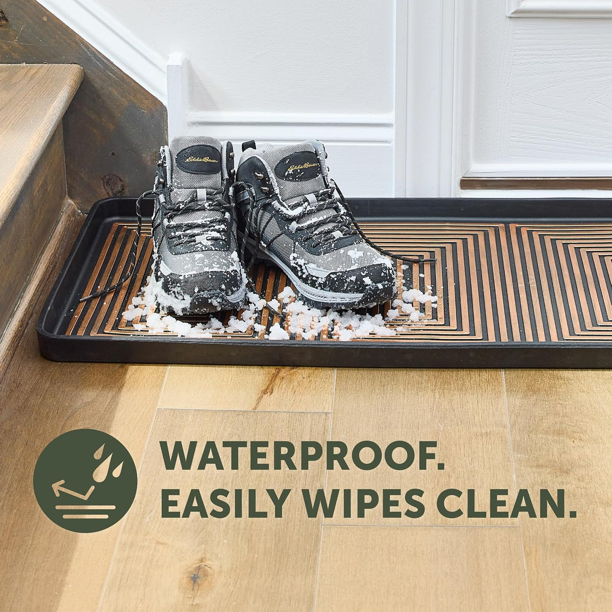 Eddie Bauer Rubber Boot Tray – Lake Waves Design, 16"x32", Black – Waterproof Entryway Boot Mat