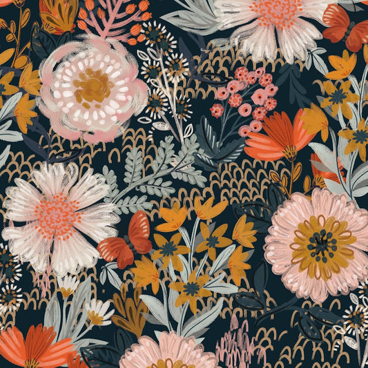 Simon&Siff Boho Peel and Stick Wallpaper Vintage Floral Wall Paper Navy/White/Orange/Pink 17.7 x 80in Removable Contact Paper for Bedroom Cabinets Shelf Drawers Renter Friendly