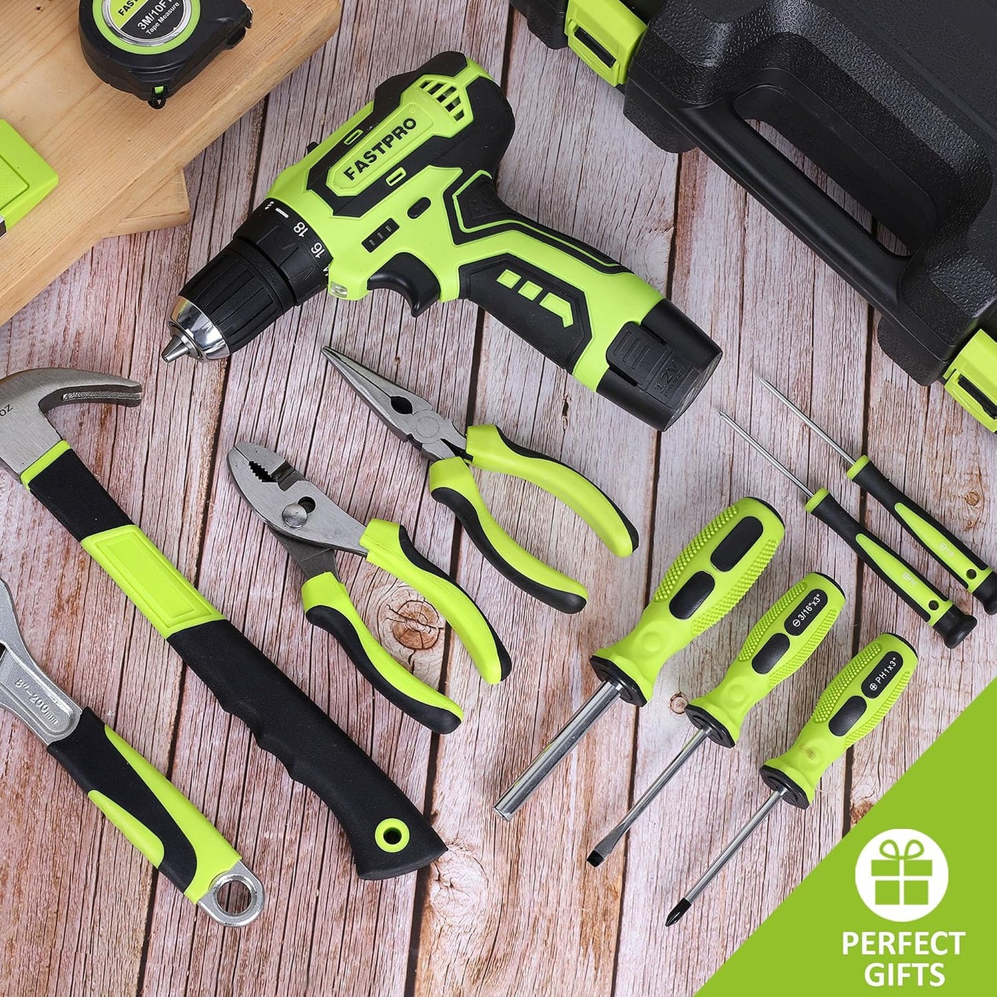 FASTPRO 160-Piece Home Tool kit with Drill, 12V Cordless Drill Driver and Household Repairing Tool Set with Storage Case, For DIY, Home Maintenance, Green