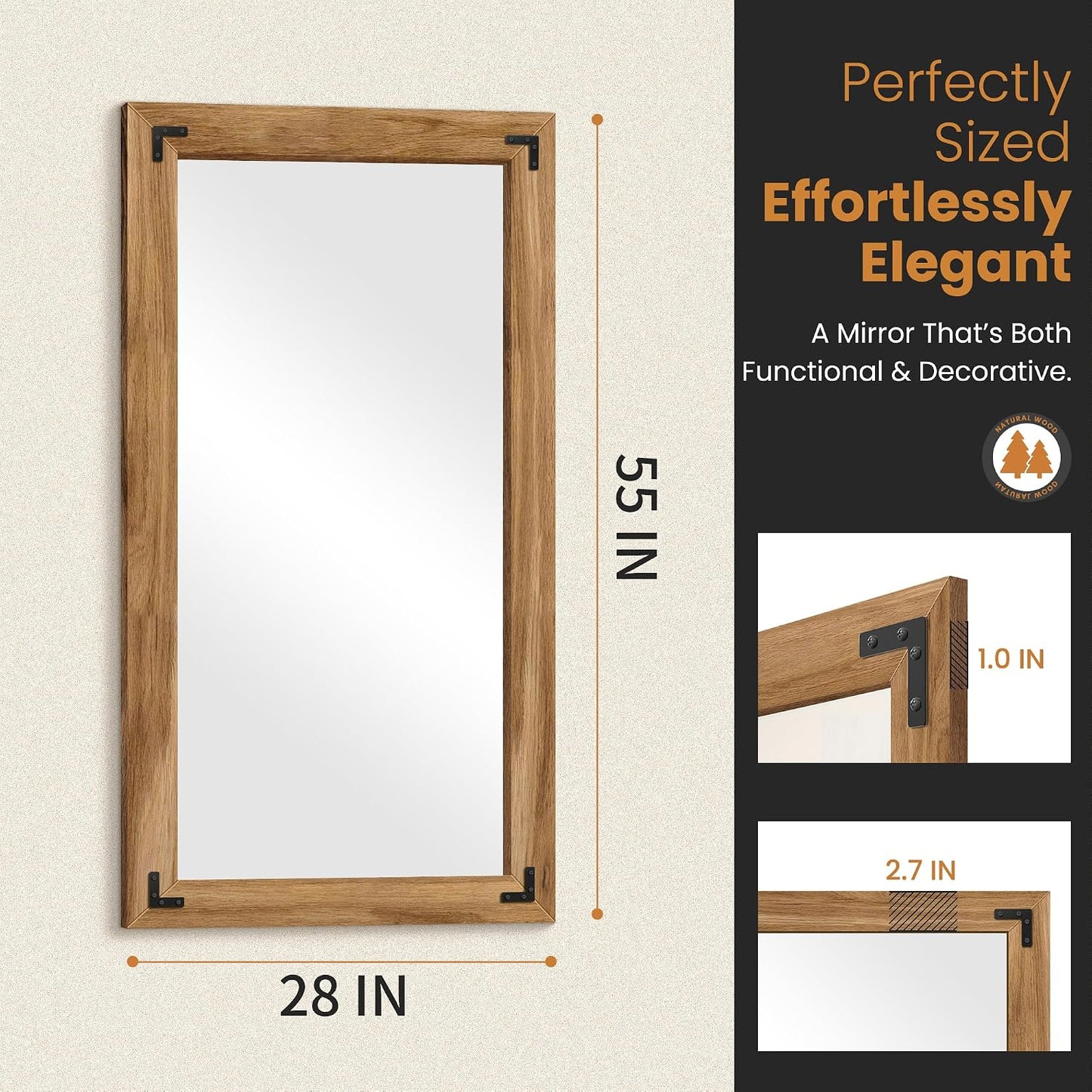 TRAHOME Full Length Mirror with Wooden Frame, 56"X22" Solid Wood Standing Floor Mirror for Farmhouse, Bathroom, Bedroom Decor, Hanging or Leaning Wall-Mounted